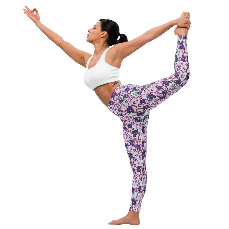 Sigma Kappa Violet Floral Print Yoga Leggings, Lavender in side view