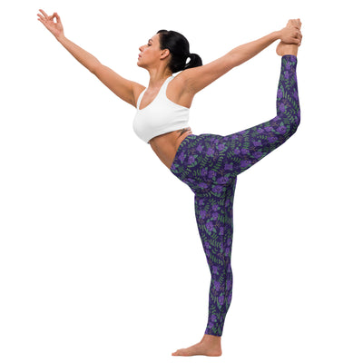 Tri Sigma Violet Floral Print Yoga Leggings, Purple on yogini in side view