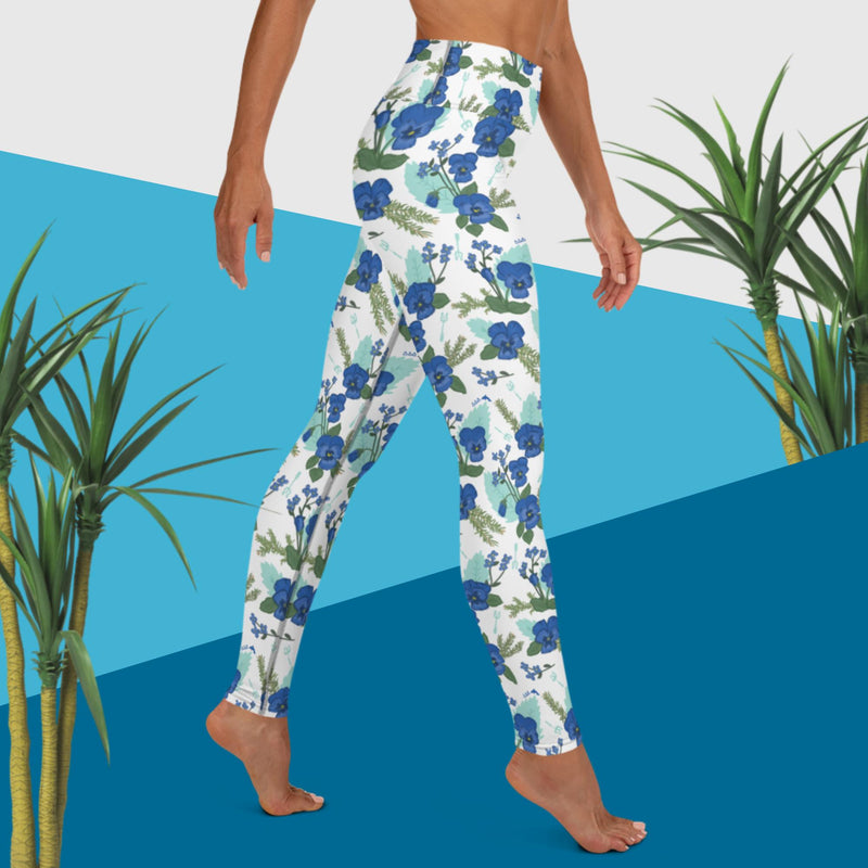 Tri Delta Pansy Floral Print White Yoga Leggings showing side view