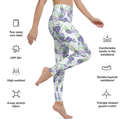 Alpha Delta Pi Woodland Violet Floral Print Yoga Leggings, White showing product details