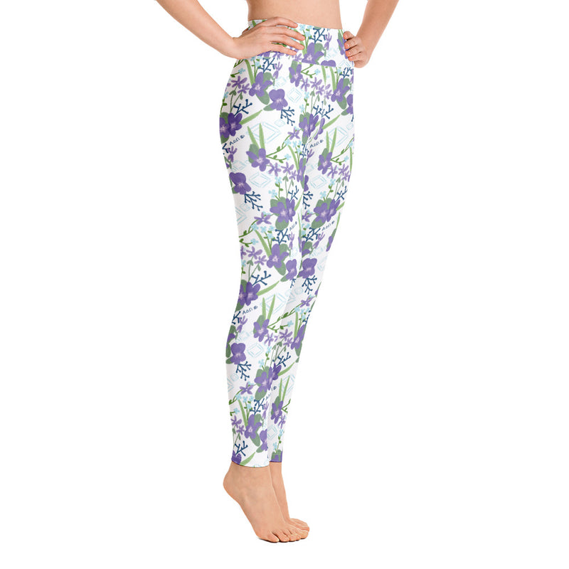 Alpha Delta Pi Woodland Violet Floral Print Yoga Leggings, White on model