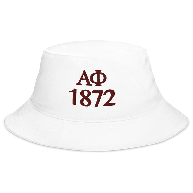 Alpha Phi Sorority Bucket Hat with letters and 1872 founding year in white