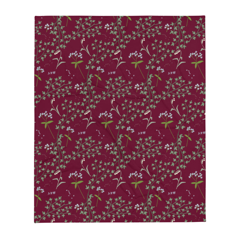 Alpha Phi Ivy and Lily of the Valley Floral Print Throw Blanket in Bordeaux shown full sized