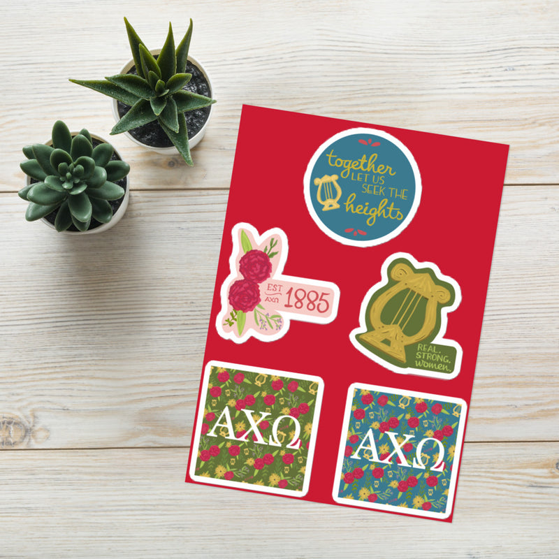 Alpha Chi Omega Sorority Sticker Sheet showing 5 unique sticker designs