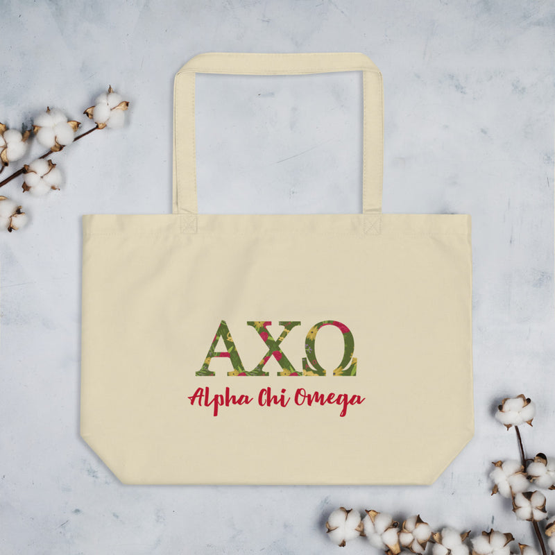 Alpha Chi Omega Sorority Tote Bag in natural oyster color shown flat