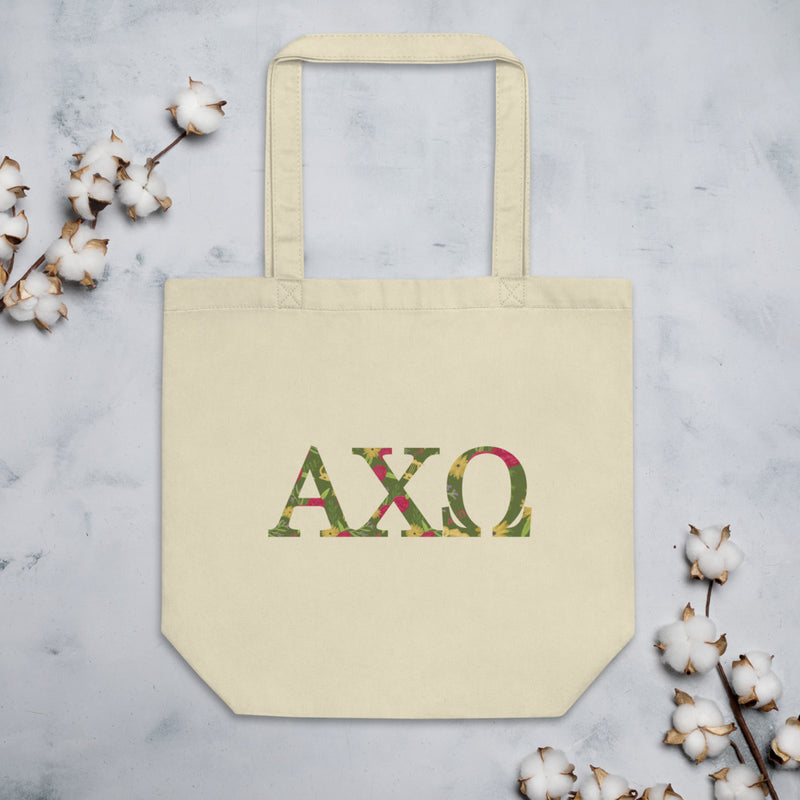 Alpha Chi Omega Sorority Tote Bag in natural oyster shown with cotton blooms