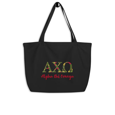 Alpha Chi Omega Sorority Tote Bag in black shown on hook