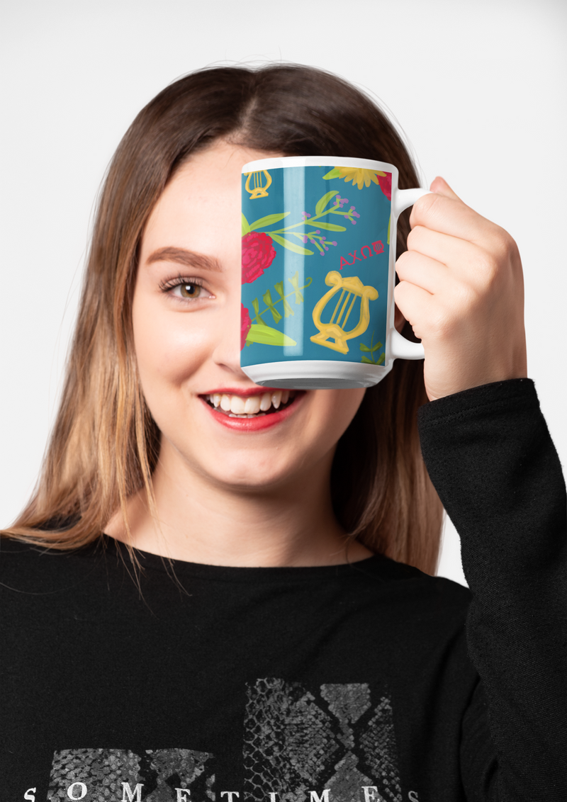 Alpha Chi Omega Sorority Mug shown in 15 oz size with model