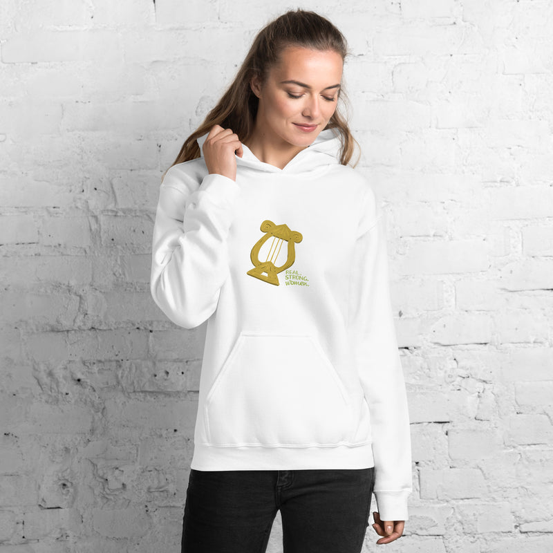 Alpha Chi Real.Strong.Women Hoodie in white on model