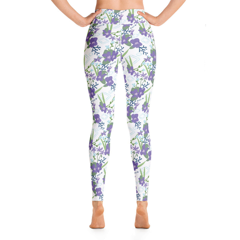 Alpha Delta Pi Sorority Leggings in white floral print in rear view