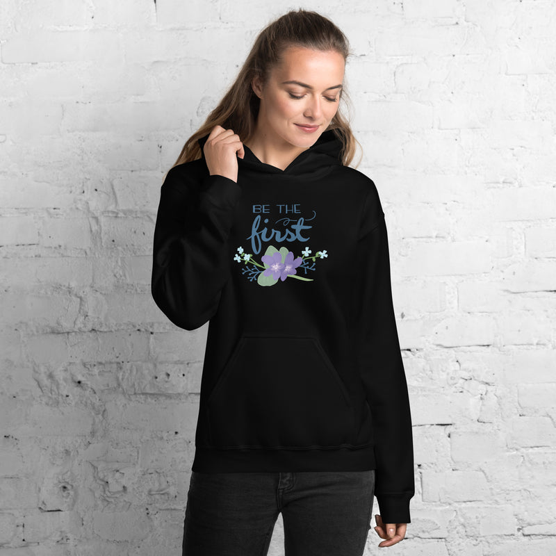 Alpha Delta Pi Be The First Comfy Hoodie in black on model