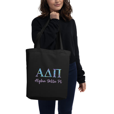 Alpha Delta Pi Sorority Tote Bag in black with filled letters on model's arm