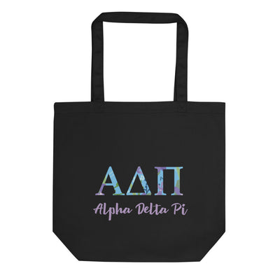 Alpha Delta Pi Sorority Tote Bag in black with filled letters shown flat