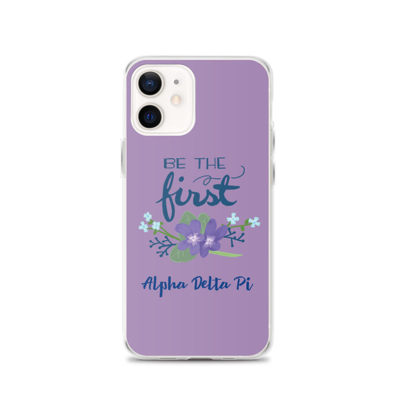 Alpha Delta Pi Sorority iPhone 12 Case with Be the First motto design in violet