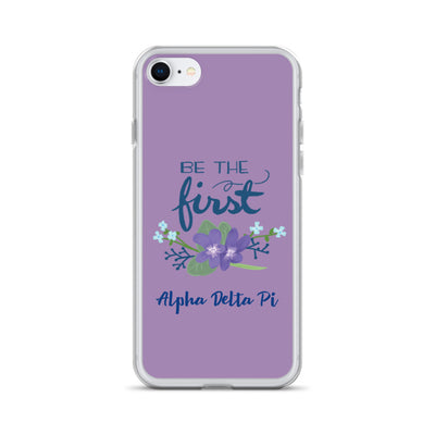 Alpha Delta Pi Sorority iPhone SE Case with Be the First motto design in violet