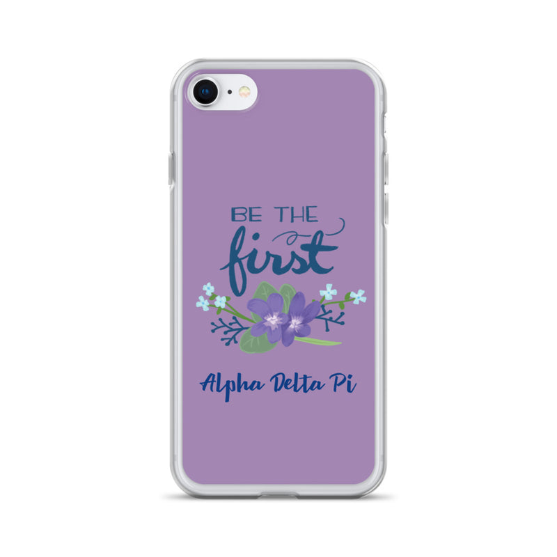Alpha Delta Pi Sorority iPhone SE Case with Be the First motto design in violet