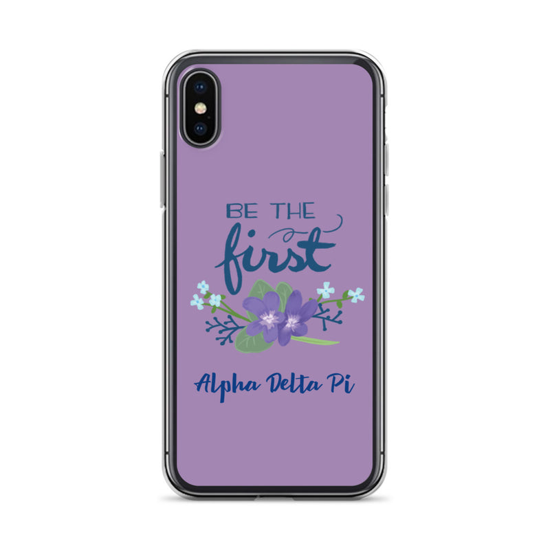 Alpha Delta Pi Sorority iPhone XS Case with Be the First motto design in violet