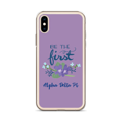 Alpha Delta Pi Sorority iPhone XS Case with Be the First motto design in violet