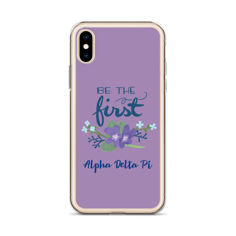 Alpha Delta Pi Sorority iPhone XS Case with Be the First motto design in violet