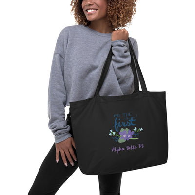 Alpha Delta Pi Sorority Tote Bag in black on model's arm with motto design