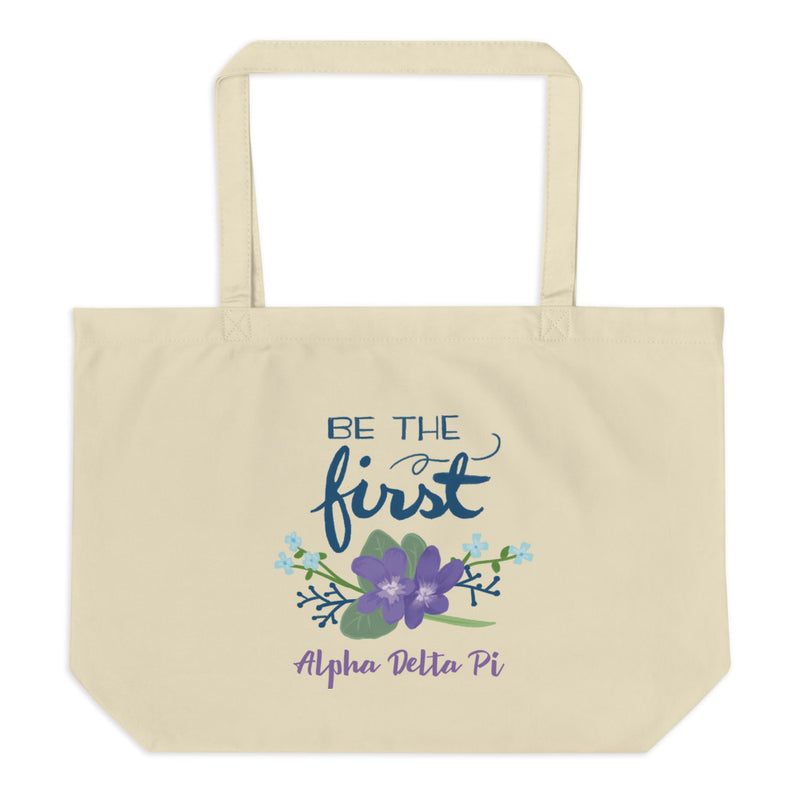 Alpha Delta Pi Sorority Tote Bag in natural oyster color with motto design on front