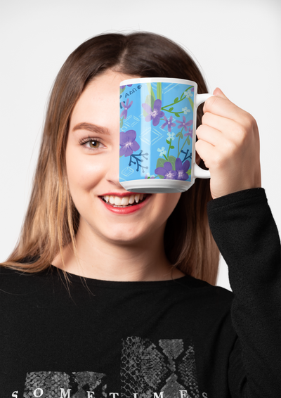 Alpha Delta Pi Sorority Mug held up to model's face