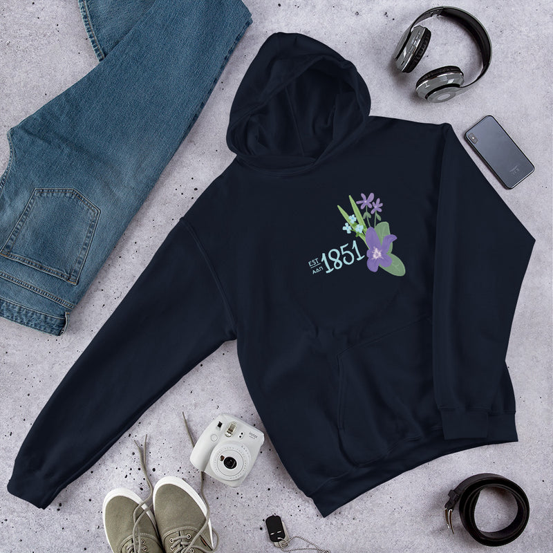 Alpha Delta Pi 1851 Sorority Hoodie in Navy blue in lifestyle photo