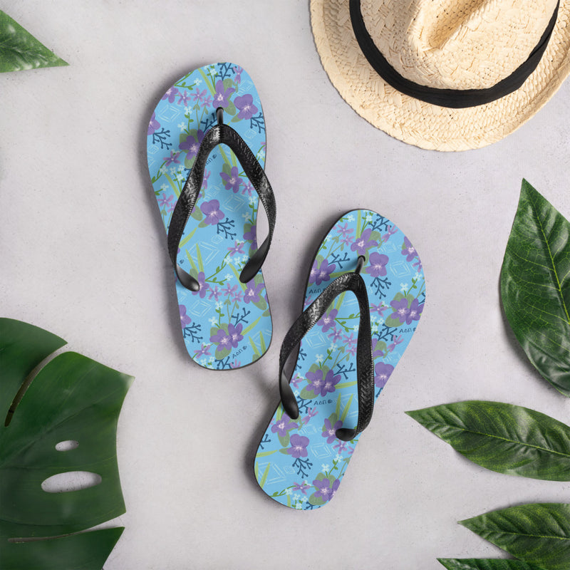 Alpha Delta Pi Sorority Flip-Flops in Adelphean  Blue with woodland violet print