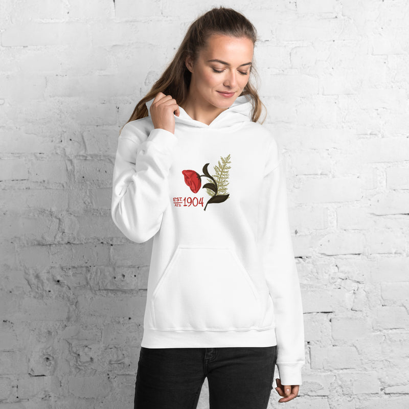 Alpha Gam 1904 Hand-Drawn Design on Comfy Hoodie in white on model