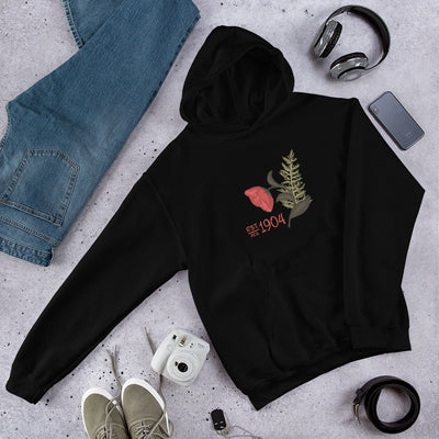 Alpha Gam 1904 Hand-Drawn Design on Comfy Hoodie in black in lifestyle photo