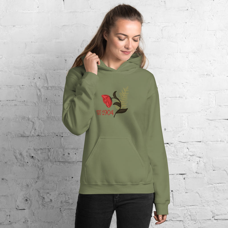 Alpha Gam 1904 Hand-Drawn Design on Comfy Hoodie in military green on model