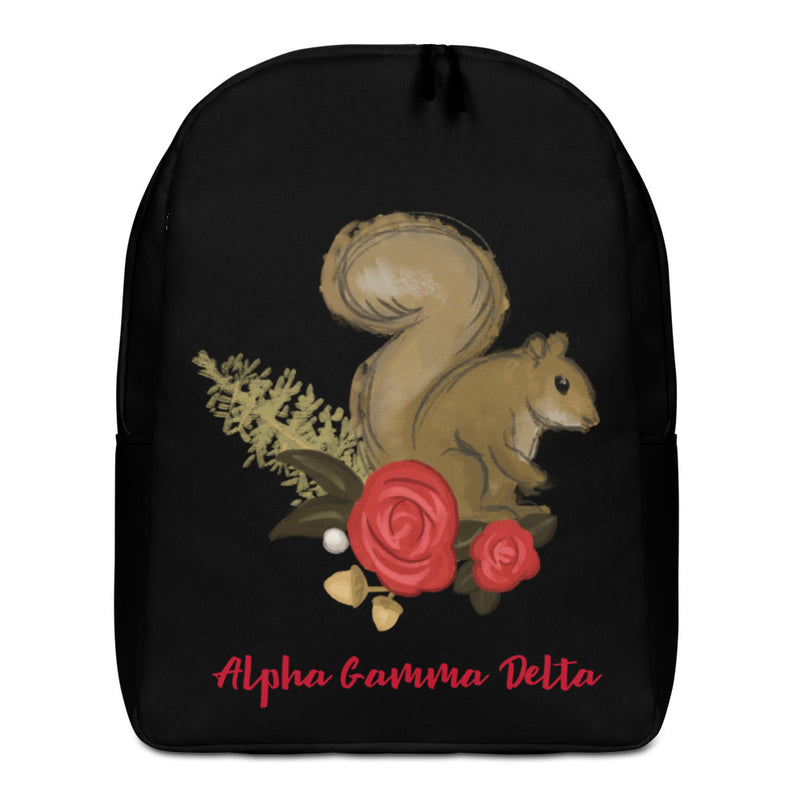 Alpha Gamma Delta Sorority Backpack in black with squirrel mascot design on front