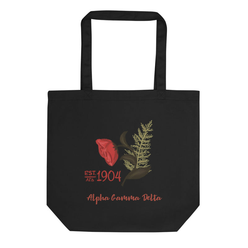 Alpha Gamma Delta Sorority Tote Bag with 1904 design in black shown flat