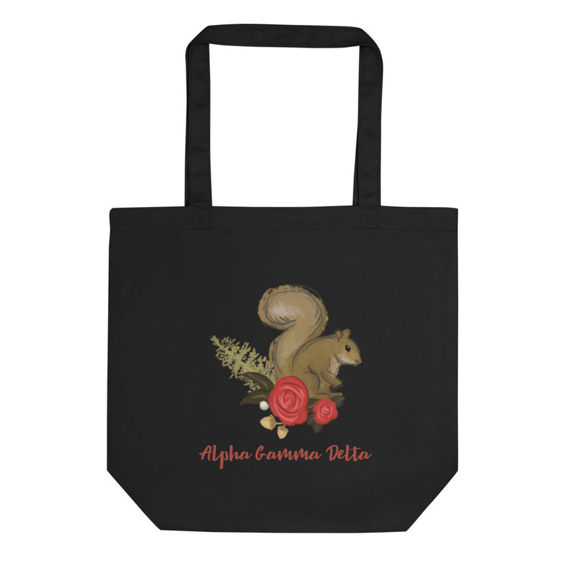 Alpha Gamma Delta Sorority Tote Bag in black shown flat with squirrel design