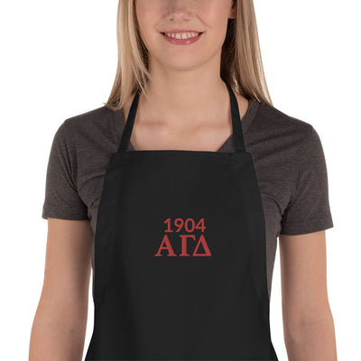 Alpha Gamma Delta Sorority Apron in black with 1904 and letters in red