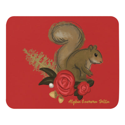 Alpha Gamma Delta Sorority Mouse Pad in red with squirrel mascot design in full view