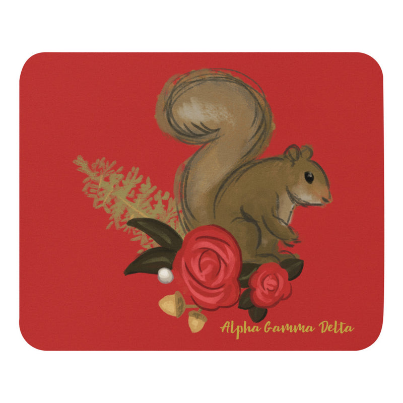 Alpha Gamma Delta Sorority Mouse Pad in red with squirrel mascot design in full view