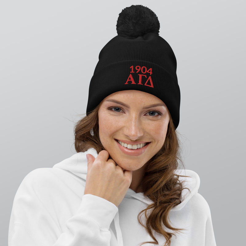 Alpha Gamma Delta Sorority Beanie shown in black on model