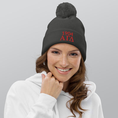 Alpha Gamma Delta Sorority Beanie in graphite gray shown on model