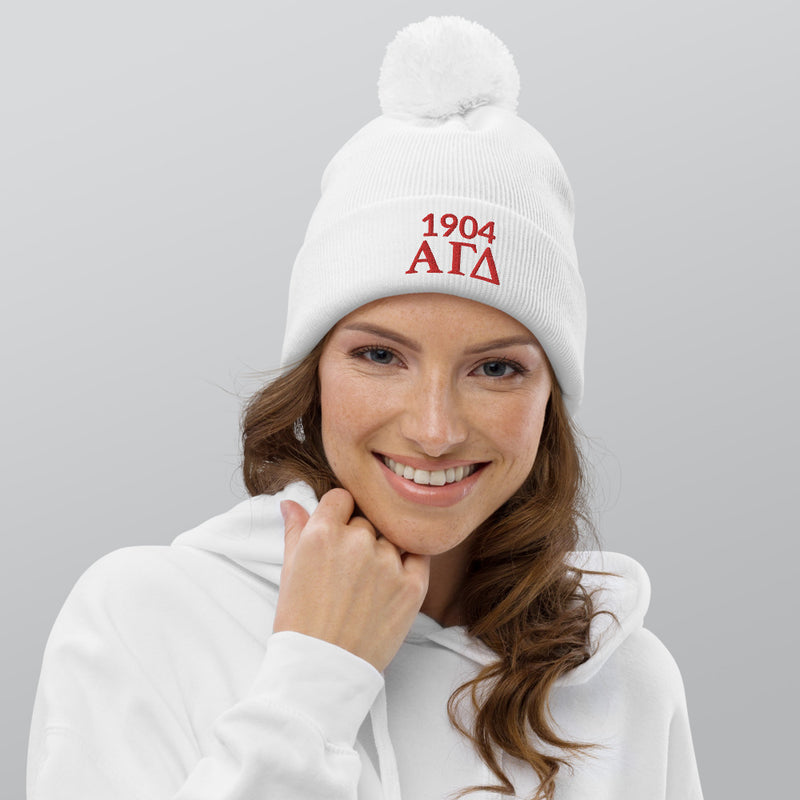 Alpha Gamma Delta Sorority Beanie in white on model