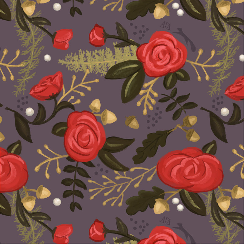 Close up of Alpha Gamma Delta rose floral print in gray