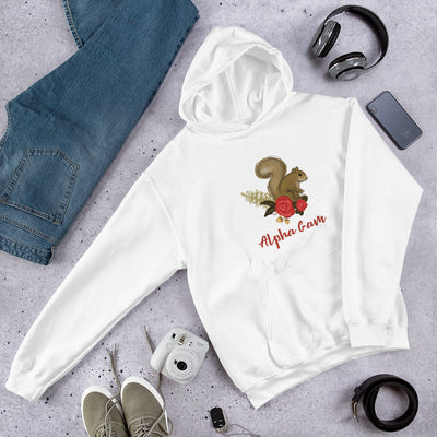 Alpha Gamma Delta Squirrel Mascot Comfy Hoodie in white in setting