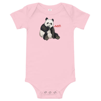 Alpha Omicron Pi Panda Baby Onesie in pink  showing panda mascot design shown flat