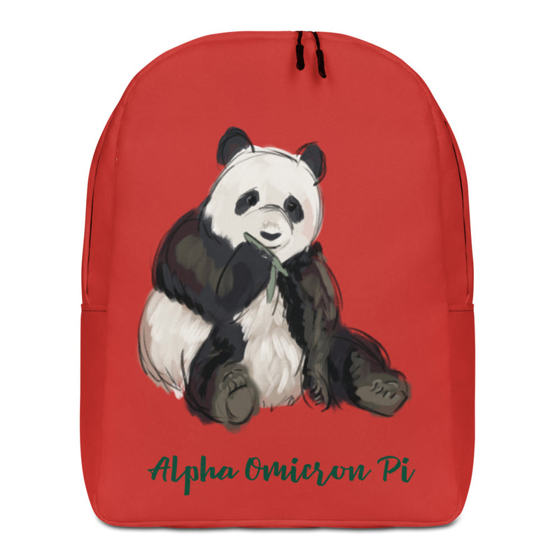 Alpha Omicron Pi Sorority  Backpack in red showing front of backpack with panda