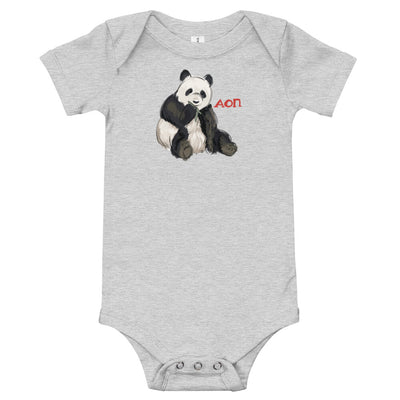 Alpha Omicron Pi Panda Baby Onesie in gray shown flat with panda mascot design on front