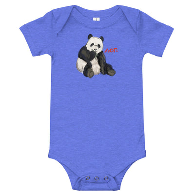 Alpha Omicron Pi Panda Baby Onesie in blue shown flat with panda mascot design