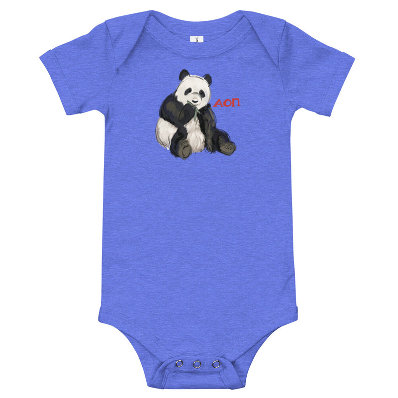 Alpha Omicron Pi Panda Baby Onesie in blue shown flat with panda mascot design