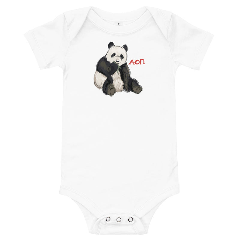 Alpha Omicron Pi Panda Baby Onesie in white designed with AOII panda mascot shown flat