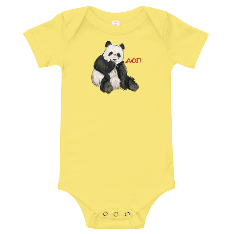 Alpha Omicron Pi Panda Baby Onesie in yellow shown flat showing AOII Panda mascot design on the front