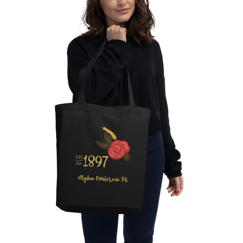 Alpha Omicron Pi Sorority Tote Bag in black on woman&